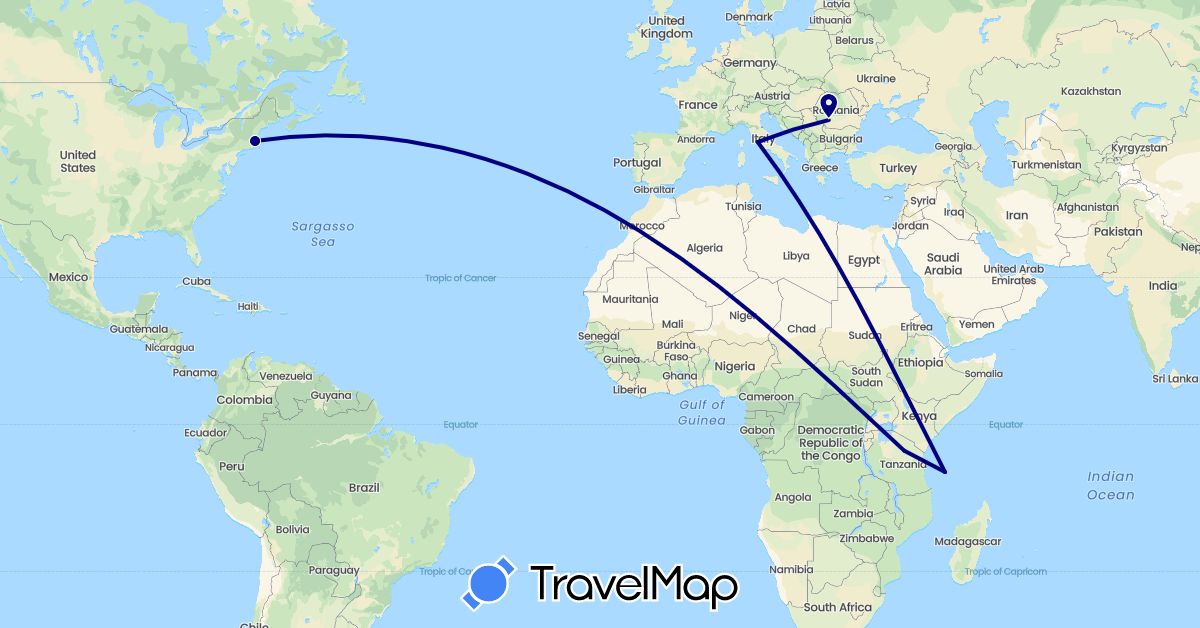 TravelMap itinerary: driving in Italy, Romania, United States (Europe, North America)